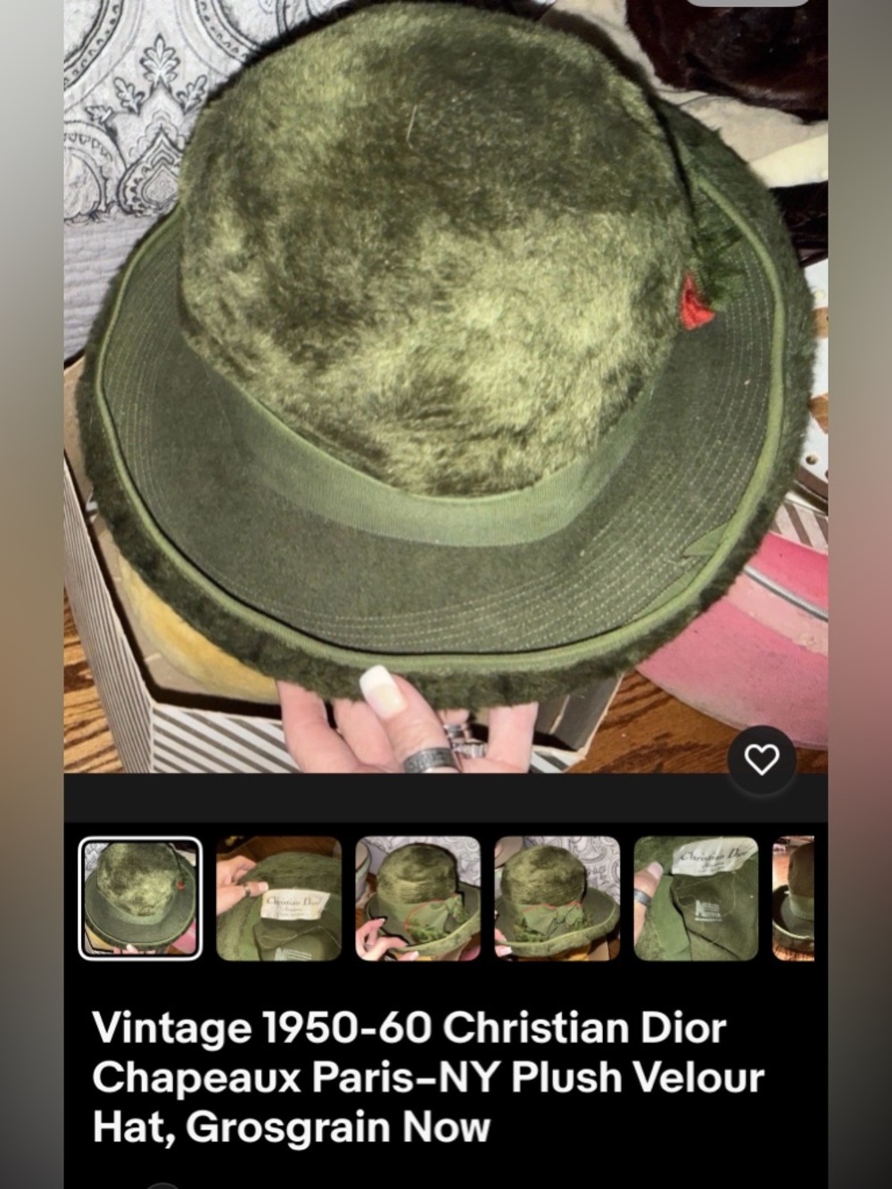 Vintage Christian Dior Chapeaux Paris–NY Plush Velour Hat Green Grosgrain Bow